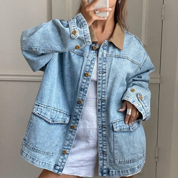 Medium Wash Casual Women's Contrast Color Collar Denim Jacket - Picture 4 of 6